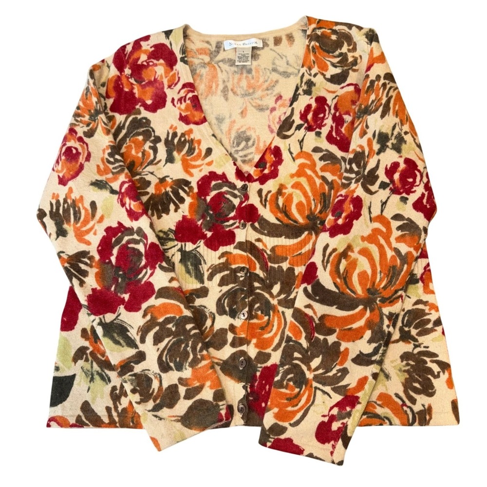 Vintage Susan Bristol Lambswool Angora Floral Cardigan Sweater Orange Red L - Picture 3 of 6